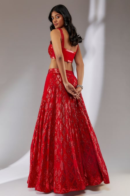 Shop Neha Khullar Red Georgette, Cotton Sequins, Cut Geometric Embroidered Bridal Lehenga Set at Aza Fashions Shop_Neha Khullar_Red Georgette, Cotton Sequins, Cut Geometric Embroidered Bridal Lehenga Set _at_Aza_Fashions