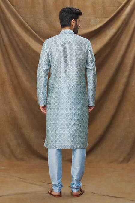 Shop Arihant Rai Sinha Blue Jacquard, Silk Embroidery Mughal Pattern Kurta at Aza Fashions Shop_Arihant Rai Sinha_Blue Jacquard, Silk Embroidery Mughal Pattern Kurta_at_Aza_Fashions