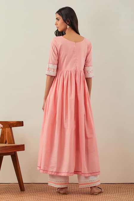 Shop_THE INDIAN CAUSE_Peach Cotton Sequins, Embroidery V-neck Chikankari Anarkali Set _at_Aza_Fashions