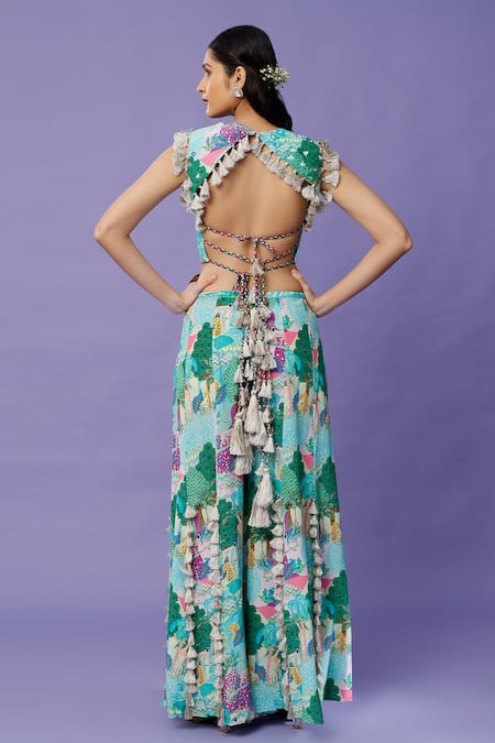 Payal Singhal Blue Crepe Tassels Round Neck Kuno Print Choli And Sharara Set Online at Aza Fashions Payal Singhal_Blue Crepe Tassels Round Neck Kuno Print Choli And Sharara Set _Online_at_Aza_Fashions