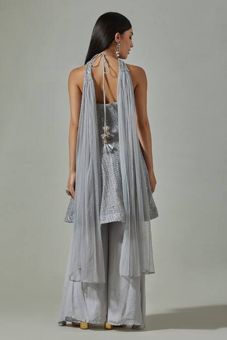 Shop Basanti - Kapde Aur Koffee Grey Bottom-chinon, Top-lycra Net Sequin Round Embroidered Kurta Sharara Set at Aza Fashions Shop_Basanti - Kapde Aur Koffee_Grey Bottom-chinon, Top-lycra Net Sequin Round Embroidered Kurta Sharara Set_at_Aza_Fashions