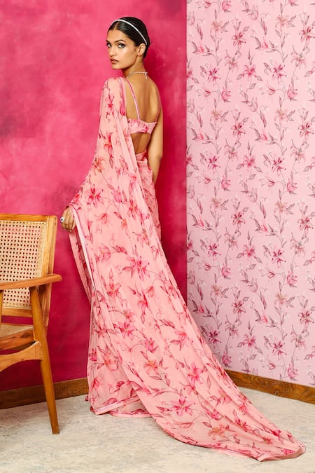 Shop_Dohr India_Pink Organza, Silk Cut Work Florette Print Pre-draped Saree _at_Aza_Fashions