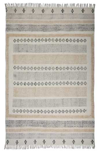 Shop Orna Multi Color Cotton Hand Block Print, Woven Fringe Border Rug at Aza Fashions Shop_Orna_Multi Color Cotton Hand Block Print, Woven Fringe Border Rug_at_Aza_Fashions
