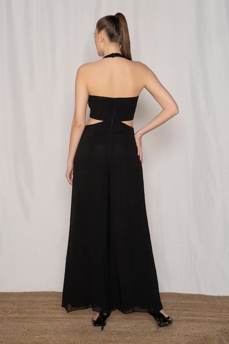 Shop_Amrta By Guneet Kondal_Black Viscose Beads, Sequins Plunge Neck Floral Embroidered Jumpsuit _at_Aza_Fashions