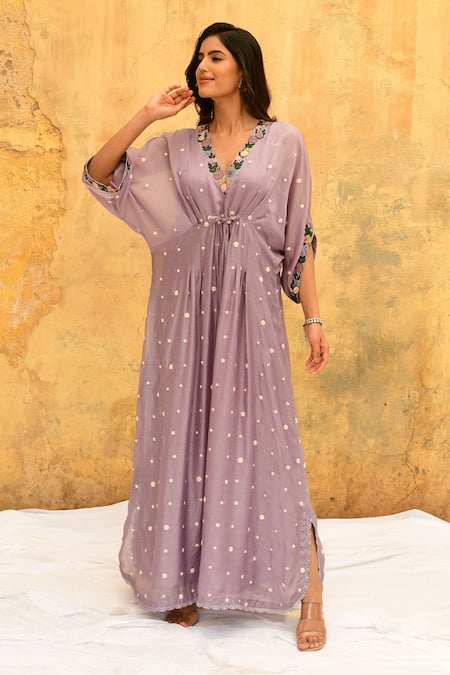 Shop_Label Niti Bothra_Purple Silk Embroidery V-neck Handcrafted Rosette Motif Kaftan _at_Aza_Fashions