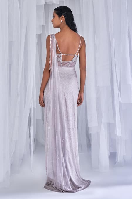 Shop_Dolly J_Silver Lycra Embroidered Sweetheart Neck Mellow Poetry Draped Gown _at_Aza_Fashions