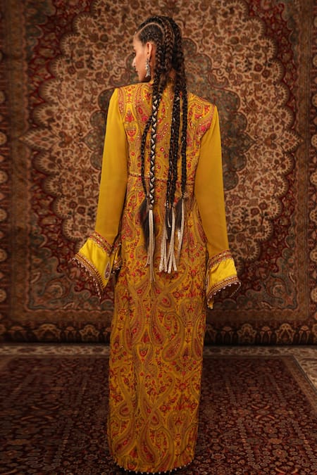 Shop_Aditi Gupta_Yellow Satin Woven And Embroidered Jamawar Pattern Kashida Work Draped Skirt Set _at_Aza_Fashions