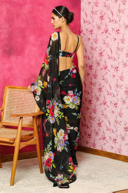 Shop Dohr India Black Organza, Silk Embroidery Printed Pre-draped Saree at Aza Fashions Shop_Dohr India_Black Organza, Silk Embroidery Printed Pre-draped Saree _at_Aza_Fashions