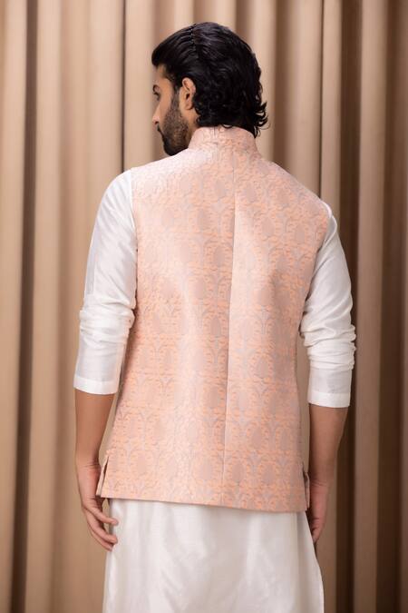 Shop_Ankit V Kapoor_Peach Cotton, Silk Embroidery Nehru Jacket Set _at_Aza_Fashions