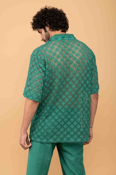 Shop_Kalakaari By Sagarika_Green Cotton Printed Geometrical Crochet Shirt With Pant Set _at_Aza_Fashions