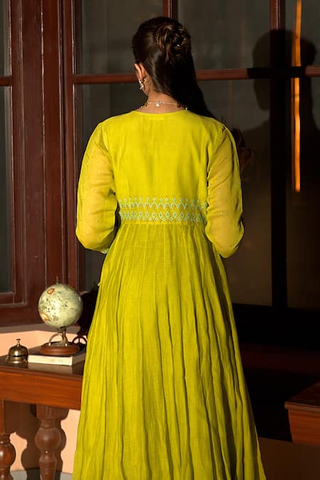 Shop Deep Thee Green Chanderi, Organza Embroidery V-neck Panelled Angrakha Anarkali Set at Aza Fashions Shop_Deep Thee_Green Chanderi, Organza Embroidery V-neck Panelled Angrakha Anarkali Set _at_Aza_Fashions