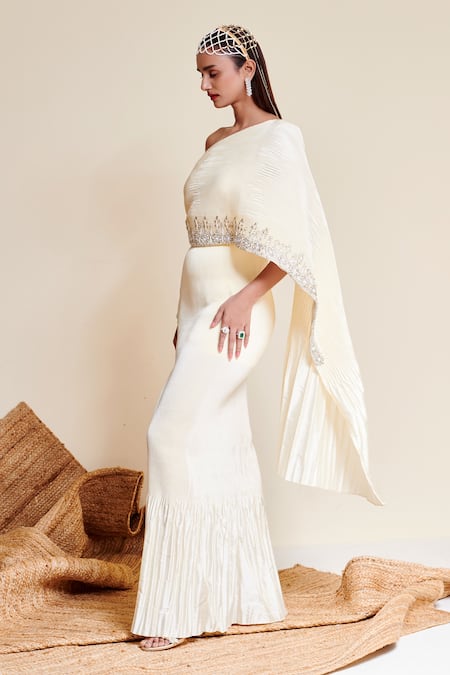 Shop_Reeti Arneja_Ivory Taffeta Sequins, Beads Asymmetric Raina Side Slit Embroidered Gown _at_Aza_Fashions