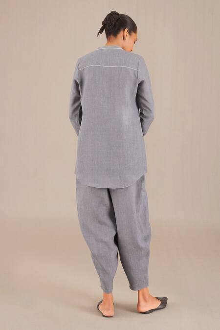 Shop Ampm Grey Linen Embroidery Round Neck Shirt With Pant at Aza Fashions Shop_Ampm_Grey Linen Embroidery Round Neck Shirt With Pant_at_Aza_Fashions