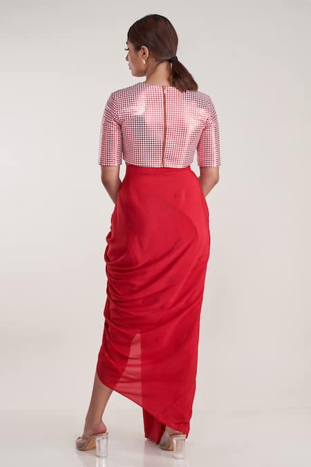 Shop Pooja Bagaria Red Chanderi Round Neck Houndstooth Crop Top And Draped Skirt Set at Aza Fashions Shop_Pooja Bagaria_Red Chanderi Round Neck Houndstooth Crop Top And Draped Skirt Set _at_Aza_Fashions