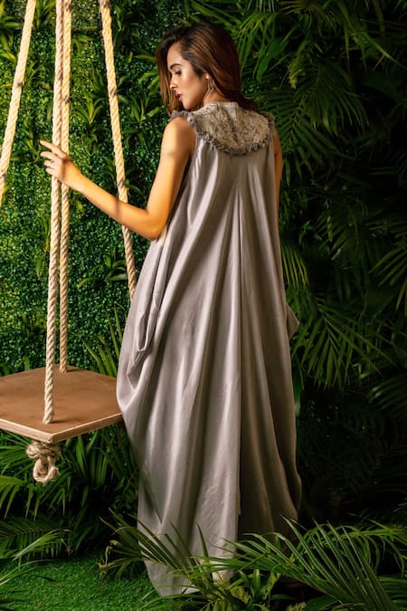 Shop Pallavi Poddar Grey Denim Beads, Embroidery Round Neck Cosmos Neckline Draped Jumpsuit at Aza Fashions Shop_Pallavi Poddar_Grey Denim Beads, Embroidery Round Neck Cosmos Neckline Draped Jumpsuit _at_Aza_Fashions