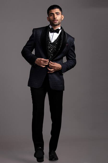 Shop Jayesh Shah Blue Polinosic Blended Texture Navy Tuxedo Set at Aza Fashions Shop_Jayesh Shah_Blue Polinosic Blended Texture Navy Tuxedo Set_at_Aza_Fashions