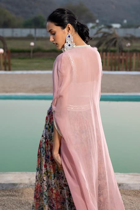 Basanti - Kapde Aur Koffee Flower Print Blouse Sharara Set With Cape 