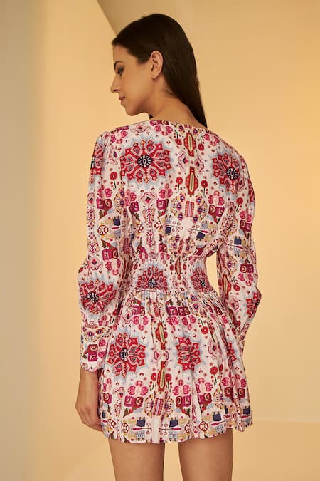 Shop Betrue White Satin, Silk, Cotton Embroidery V-neck Kashan Print Gathered Short Dress at Aza Fashions Shop_Betrue_White Satin, Silk, Cotton Embroidery V-neck Kashan Print Gathered Short Dress _at_Aza_Fashions
