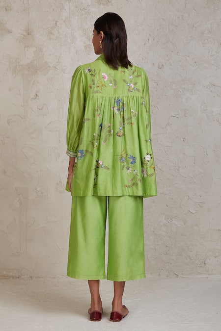 Shop Sue Mue Green Chanderi Applique, Embroidery Sabi Handwoven Shirt And Culottes Set at Aza Fashions Shop_Sue Mue_Green Chanderi Applique, Embroidery Sabi Handwoven Shirt And Culottes Set _at_Aza_Fashions