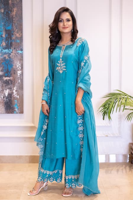 Geetika Jain Dori Embroidered Teal Blue Kurta Palazzo Set 