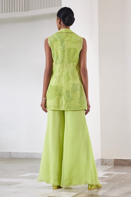 Shop_Mishru_Green Organza Beads, Embroidery Collared Laia Sea Coral Blazer Pant Set _at_Aza_Fashions