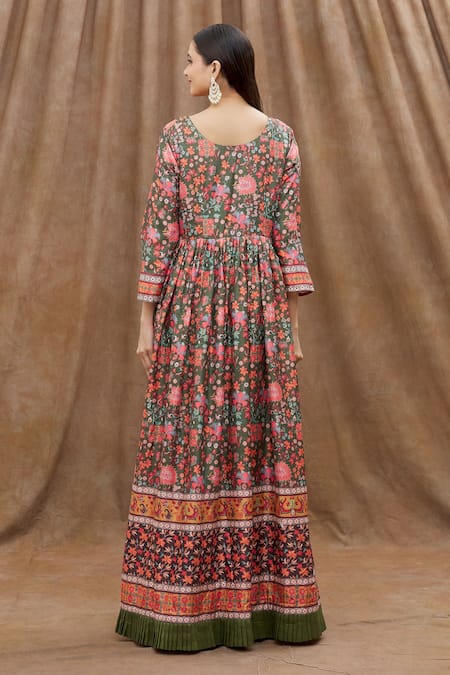 Shop Samyukta Singhania Green Net Sequins, Embroidery Round Neck Printed Anarkali With Dupatta at Aza Fashions Shop_Samyukta Singhania_Green Net Sequins, Embroidery Round Neck Printed Anarkali With Dupatta_at_Aza_Fashions