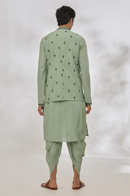 Shop Manish Nagdeo Green Modal Embroidery Diamond Pattern Bundi And Kurta Set at Aza Fashions Shop_Manish Nagdeo_Green Modal Embroidery Diamond Pattern Bundi And Kurta Set _at_Aza_Fashions