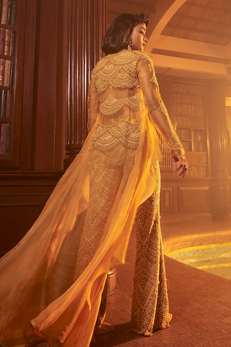 Shop Ridhima Bhasin Yellow Organza Sequins, Beads Round Neck Waqea Embroidered Jacket Palazzo Set at Aza Fashions Shop_Ridhima Bhasin_Yellow Organza Sequins, Beads Round Neck Waqea Embroidered Jacket Palazzo Set _at_Aza_Fashions