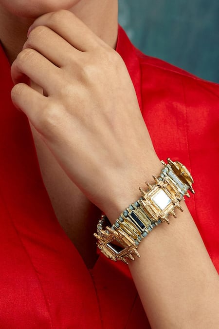 Shop_House Of Tuhina_Gold Plated Mirrors Studded Naaz Fort Bracelet _at_Aza_Fashions