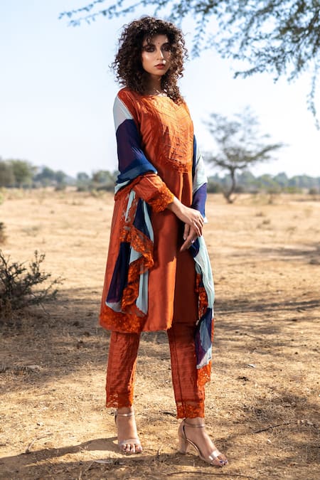 Shop The Home Affair Orange Cotton, Silk Lace, Embroidery Boat Thread Work Straight Kurta Pant Set at Aza Fashions Shop_The Home Affair_Orange Cotton, Silk Lace, Embroidery Boat Thread Work Straight Kurta Pant Set _at_Aza_Fashions