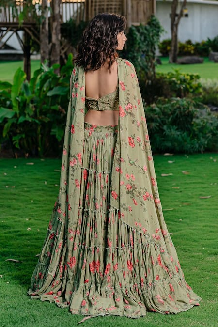 Redpine Designs Vintage Floral Print Tiered Lehenga Set For Kids