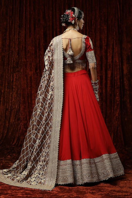Shop Shikhar Sharma Red Silk, Georgette, Chanderi Lal Gulab Bridal Lehenga Set With Dupatta at Aza Fashions Shop_Shikhar Sharma_Red Silk, Georgette, Chanderi Lal Gulab Bridal Lehenga Set With Dupatta _at_Aza_Fashions