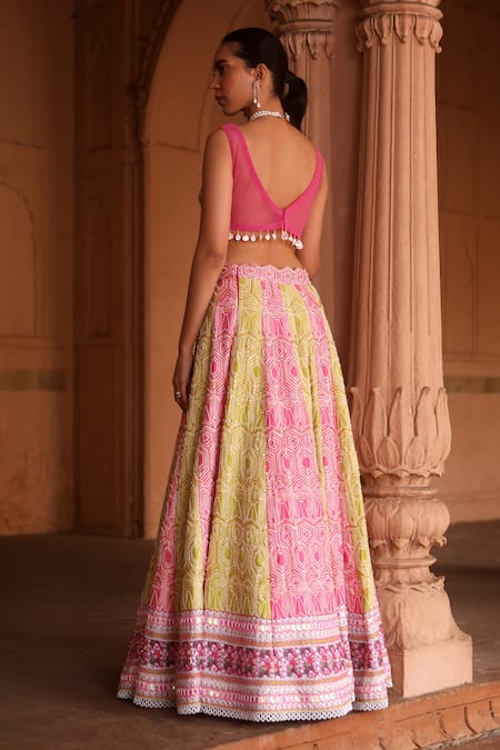 Shop Dheeru Taneja Green Chanderi, Net Beads, Embroidery Duha Lehenga Set at Aza Fashions Shop_Dheeru Taneja_Green Chanderi, Net Beads, Embroidery Duha Lehenga Set _at_Aza_Fashions
