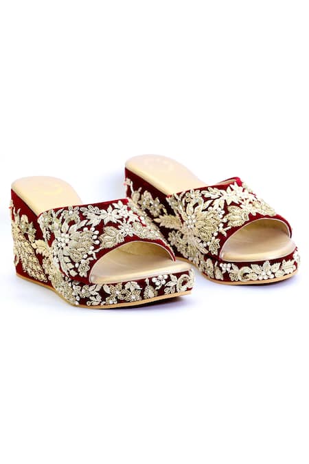 Shiveen Shiveen_Maroon Embellished Velvet Wedges _at_Aza_Fashions