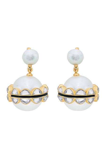 Shop Isharya White Pearl Amara Mirror Duo Drop Earrings at Aza Fashions Shop_Isharya_White Pearl Amara Mirror Duo Drop Earrings_at_Aza_Fashions