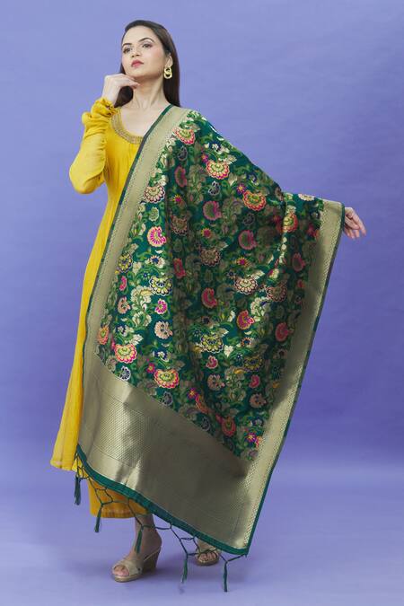 Shop Naintara Bajaj Green Brocade Fringe Stripe Pattern Dupatta at Aza Fashions Shop_Naintara Bajaj_Green Brocade Fringe Stripe Pattern Dupatta_at_Aza_Fashions