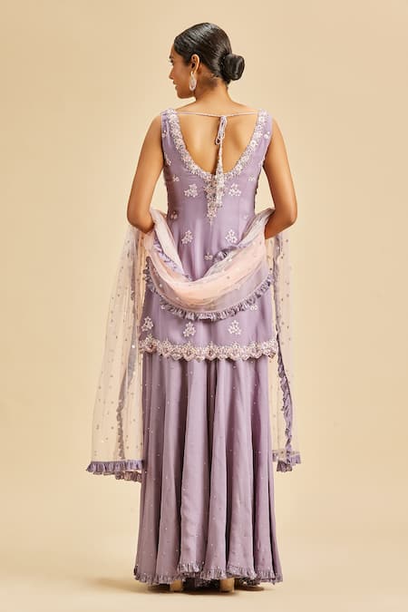Shop Nitika Gujral Purple Kurta And Sharara Shimmer Georgette & Dupatta Floral Sleeveless Set at Aza Fashions Shop_Nitika Gujral_Purple Kurta And Sharara Shimmer Georgette & Dupatta Floral Sleeveless Set _at_Aza_Fashions