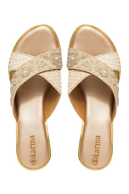 Shop Kkarma Accessories Gold Embroidery Devika Criss Cross Platform Wedges at Aza Fashions Shop_Kkarma Accessories_Gold Embroidery Devika Criss Cross Platform Wedges _at_Aza_Fashions
