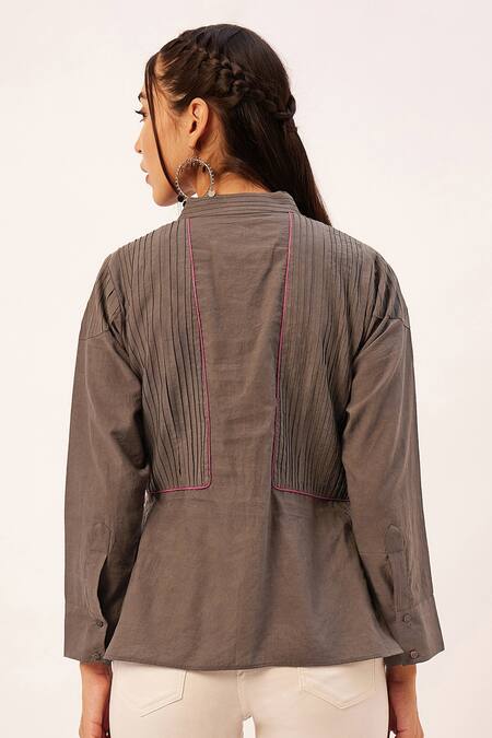 Shop_Zariya The Label_Grey Cotton Piping Mandarin Collar Pintuck Bodice Top _at_Aza_Fashions