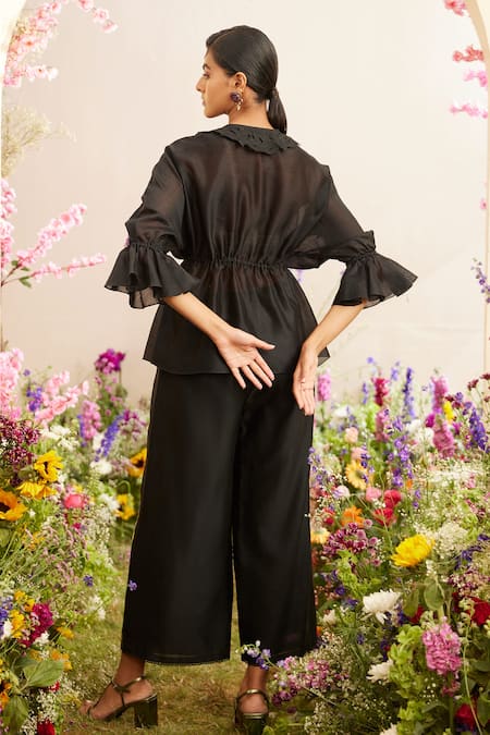 Shop Chandrima Black Chanderi Embroidery Collared Floral Patch Work Kimono Shirt at Aza Fashions Shop_Chandrima_Black Chanderi Embroidery Collared Floral Patch Work Kimono Shirt _at_Aza_Fashions