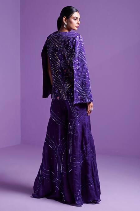 Shop Parul Gandhi Purple Satin, Organza, Cotton Sequins, Embellished Cape Sleeve Jacket Pant Set at Aza Fashions Shop_Parul Gandhi_Purple Satin, Organza, Cotton Sequins, Embellished Cape Sleeve Jacket Pant Set _at_Aza_Fashions
