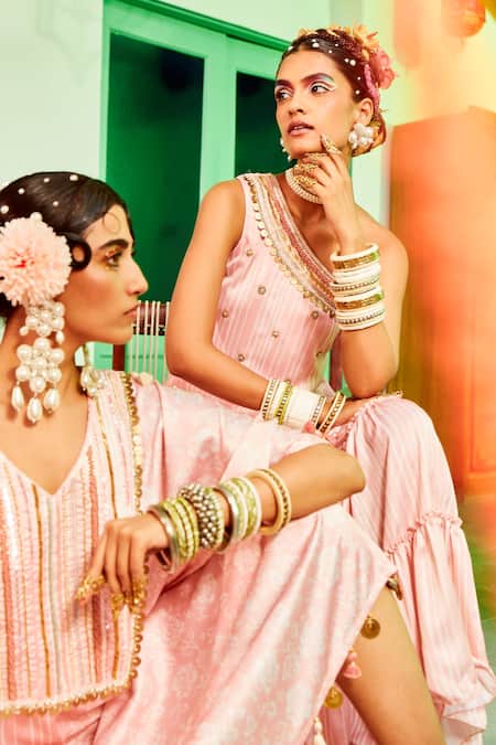 Shop_Mona And Vishu_Pink Modal Satin Floral, Cut Dana, Stripe Print, Zari And Multi Panel Kaftan _at_Aza_Fashions