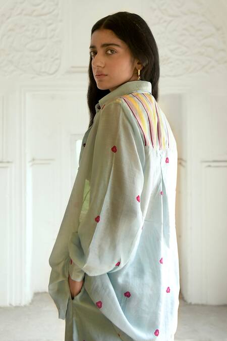 Shop_Taro_Blue Chanderi Silk Printed Floral And Stripe Shirt Collar Pant Set _at_Aza_Fashions