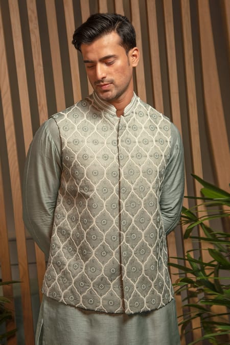 Shop_Darshika Menswear_Green Silk, Satin, Linen Pearls, Embroidery Bundi And Kurta Set _at_Aza_Fashions