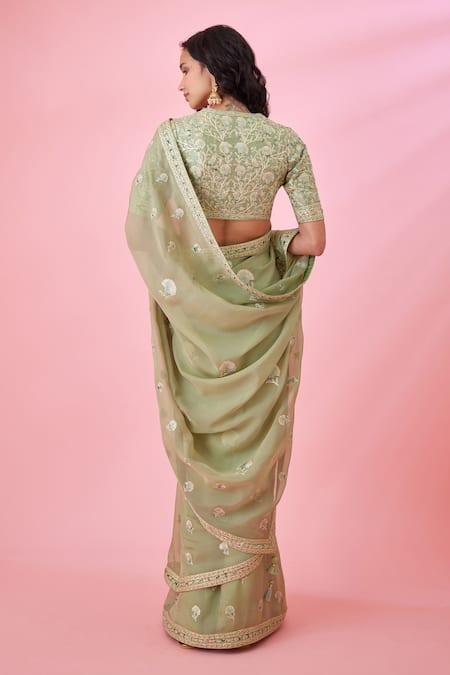 Shyam Narayan Prasad Floral Gota Embroidered Saree & Blouse Set 