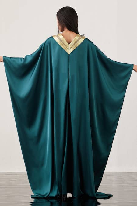 Shop Akhl Gold Silk Satin (100% Polyester) + Lurex Tulle (57% Metallic Yarn Draped Kaftan at Aza Fashions Shop_Akhl_Gold Silk Satin (100% Polyester) + Lurex Tulle (57% Metallic Yarn Draped Kaftan _at_Aza_Fashions