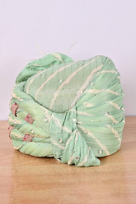 Shop_Soniya G_Green Embroidery Bandhani Mirror Safa_at_Aza_Fashions