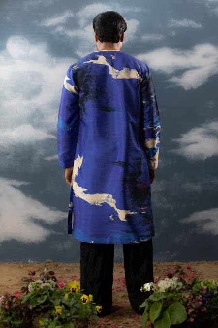 Shop Saksham & Neharicka Blue Silk Embroidery Abstract Print Straight Kurta at Aza Fashions Shop_Saksham & Neharicka_Blue Silk Embroidery Abstract Print Straight Kurta_at_Aza_Fashions