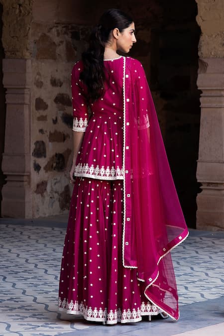 Shop_Preevin_Fuchsia Cotton, Net Embroidery, Lace, Triangle Short Angarkha Sharara Set _at_Aza_Fashions