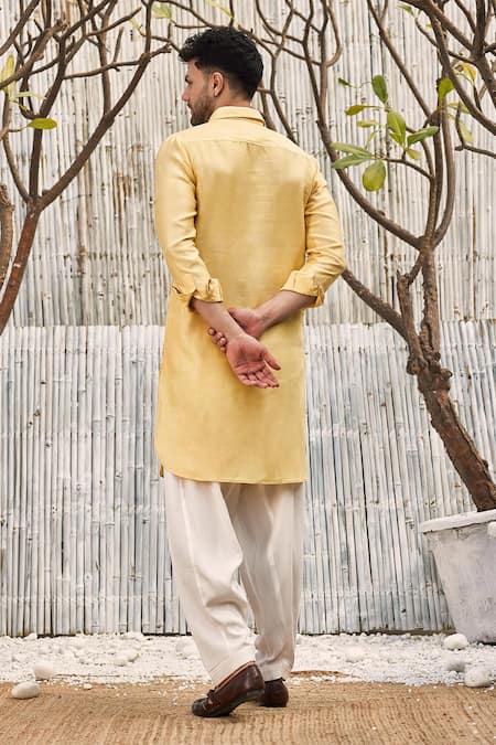 Shop Charkhee Yellow Chanderi, , Satin Full Sleeve Pathani Kurta And Salwar Set at Aza Fashions Shop_Charkhee_Yellow Chanderi, , Satin Full Sleeve Pathani Kurta And Salwar Set _at_Aza_Fashions